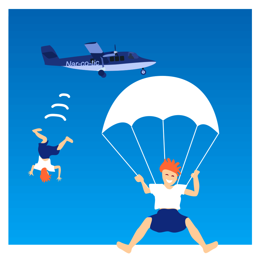 Hellblauer Hintergrund mit Flugzeug, herausfallender Person und einer Person mit Fallschirm