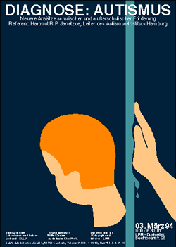 abstrakt gestalteter, 
    	 	halb abgewandter Kinderkopf mit orangefarbener Haarpartie auf dunkelblaugrünem Hintergrund, 
    	 	rechts davon eine blaugrüne dicke, eine Glasscheibe simulierende Linie die von rechts von einer Hand 'angeschmolzen' wird