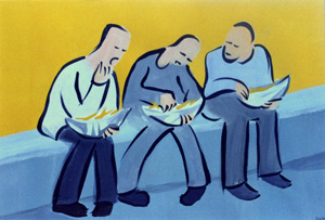 gelber Hintergrund mit drei durch Pinselstriche skizzierten Männern, die 
     		 Pommes frites essen
