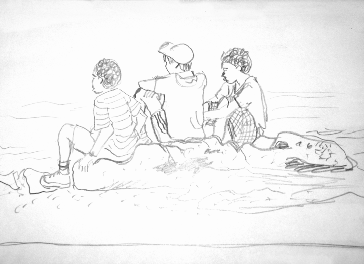 Bleistiftskizze von 3 Jungs, die auf Felsen am meer chillen