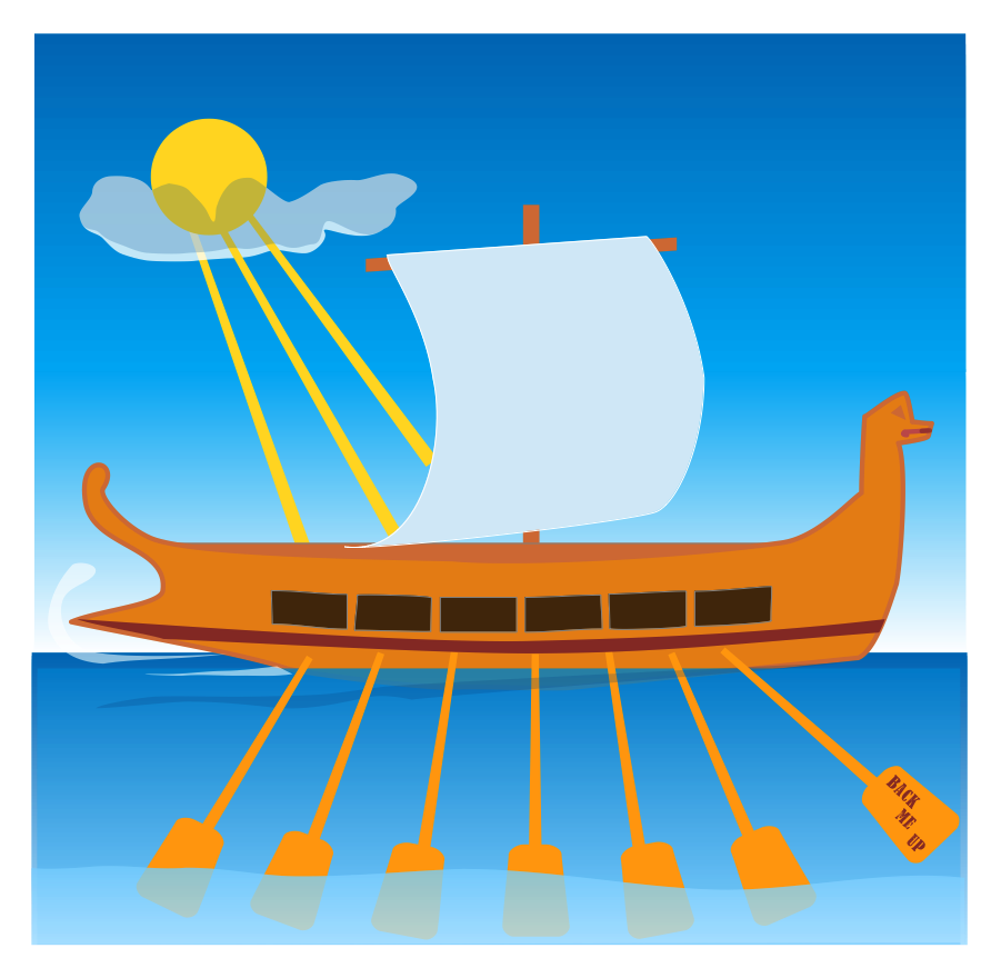 Hellblauer Hintergrund mit gelber Sonne und Schiff (Galeere)