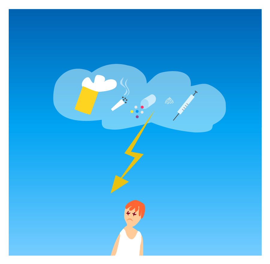 Hellblauer Hintergrund mit Person im unteren Bereich und Wolke mit Suchtmitteln darüber aus der ein Blitz herunterschlägt