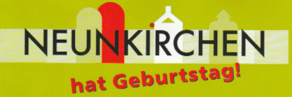 Schriftzug 'Neunkircher Frühling' oben hinterlegt 
    mit grafischem Hüttenmotiv in Grünabstufungen und unten mit rotem Schriftzug 'hat Geburtstag